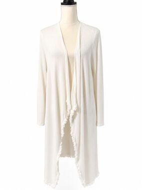 Red Haute Ribbed Duster Cardigan White Open Front Fringe Trim Modal Blend M